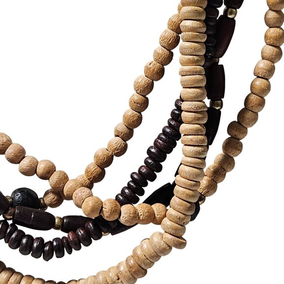 Boho Wooden Beaded Necklace Multi Strand Black Tan Fashion Jewelry Women - Picture 2 of 5